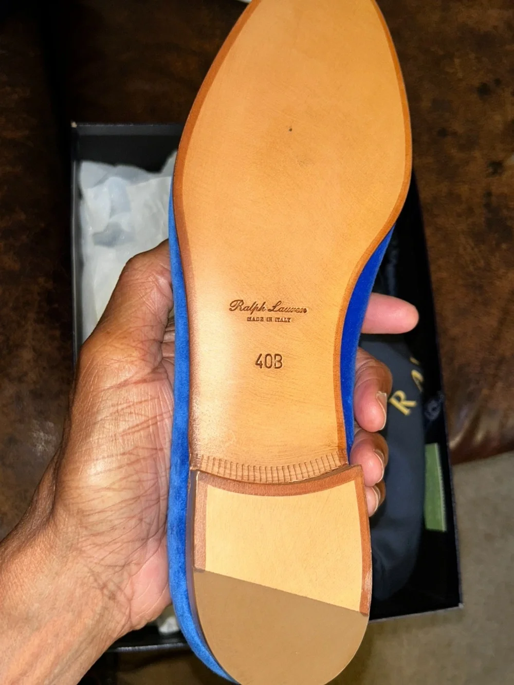 Ralph Lauren Cobalt Blue Velvet Loafers with Gold Monogram